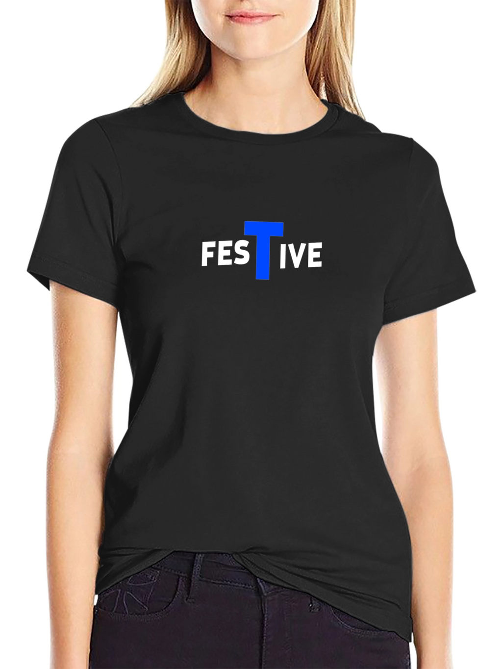 Festive Graphic Tee - Black Cotton Blend Casual T-Shirt