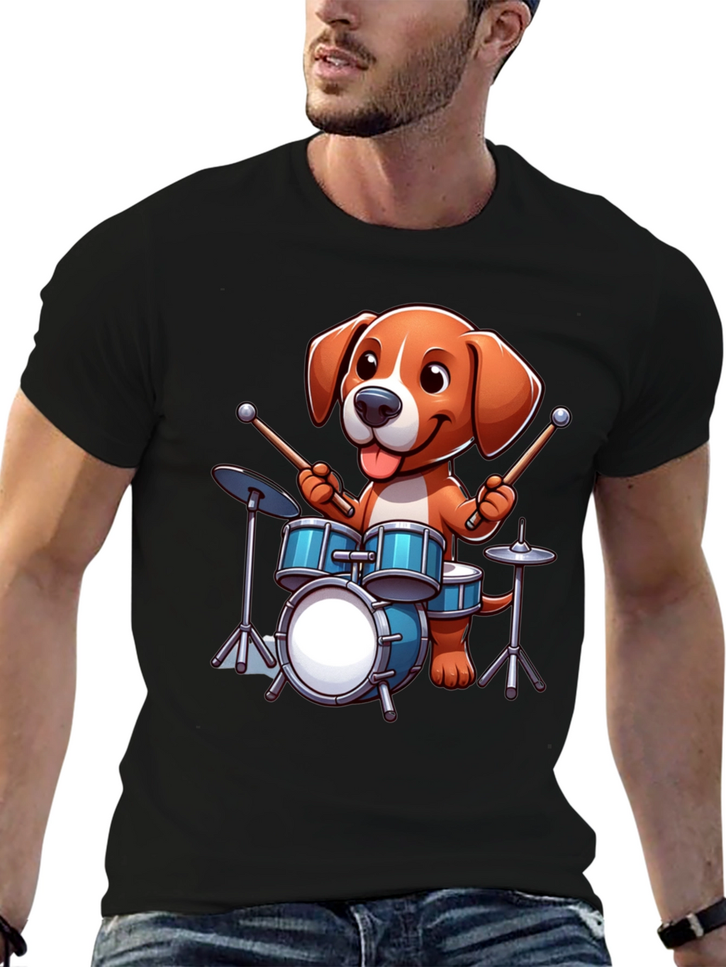 Dog Drummer Graphic Tee - Black Unisex Shirt