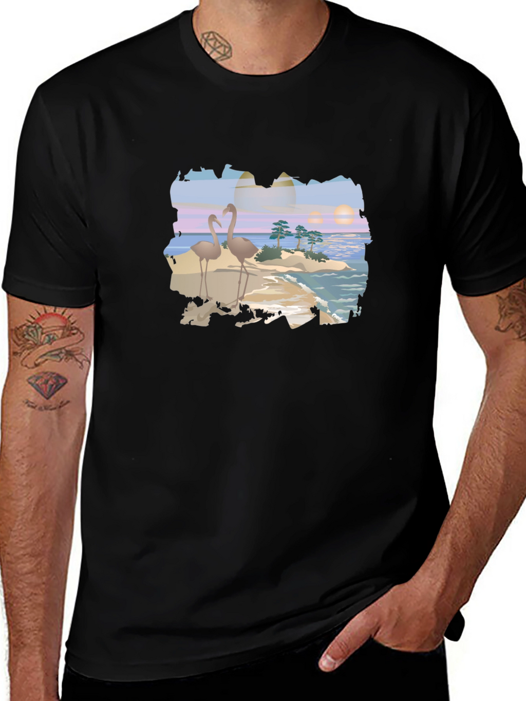 Tropical Flamingo Island Graphic T-Shirt