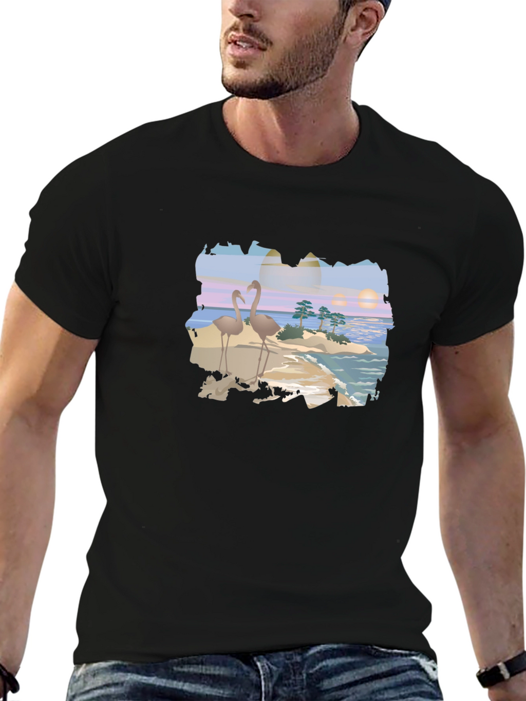 Tropical Flamingo Island Graphic T-Shirt