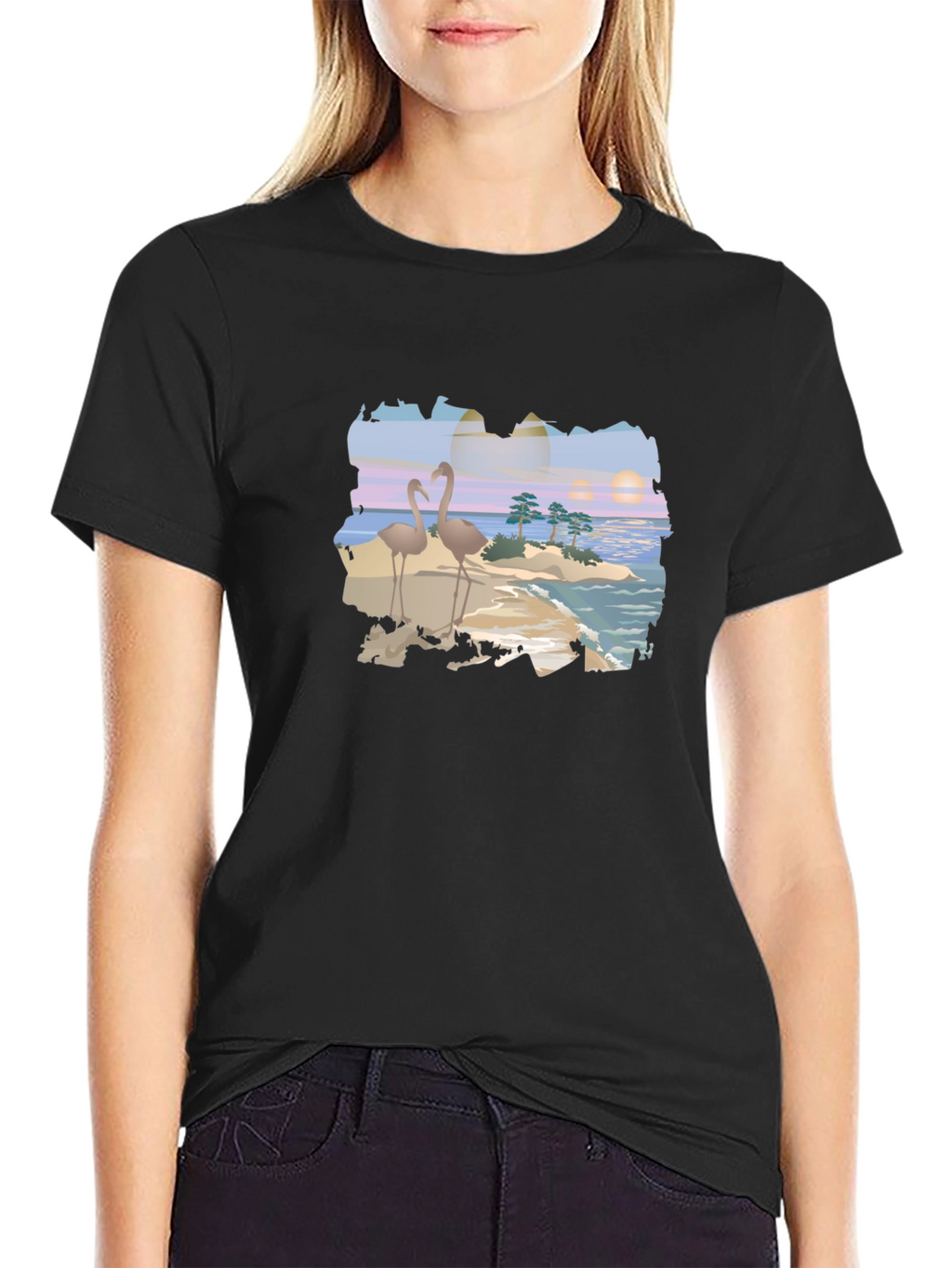 Tropical Flamingo Island Graphic T-Shirt