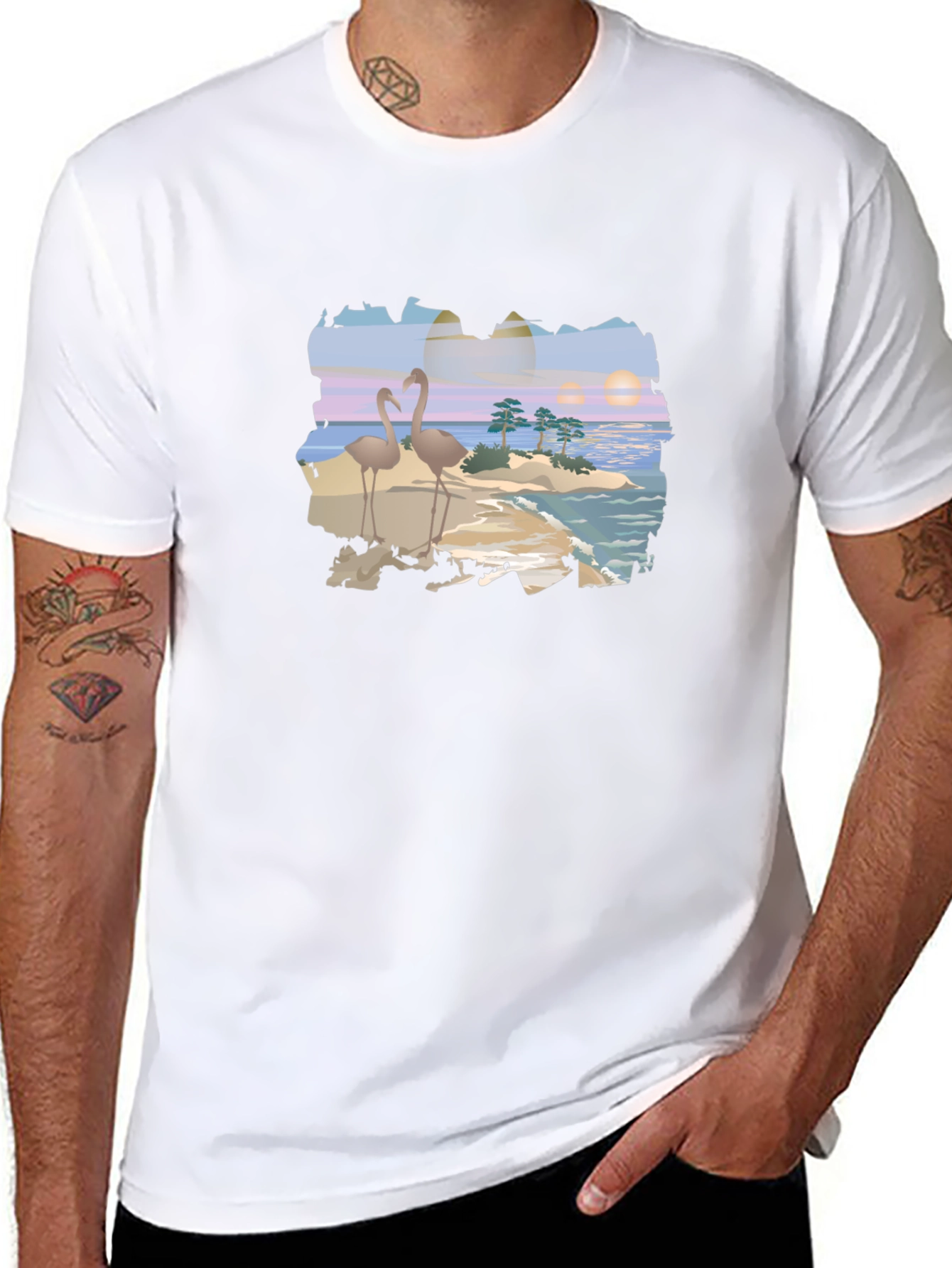 Tropical Flamingo Island Graphic T-Shirt