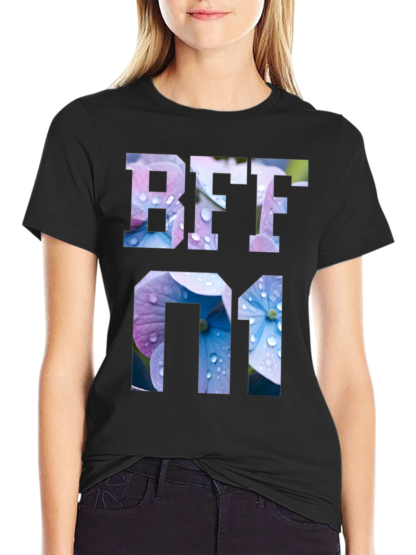 Floral BFF 01 Graphic Black T-Shirt
