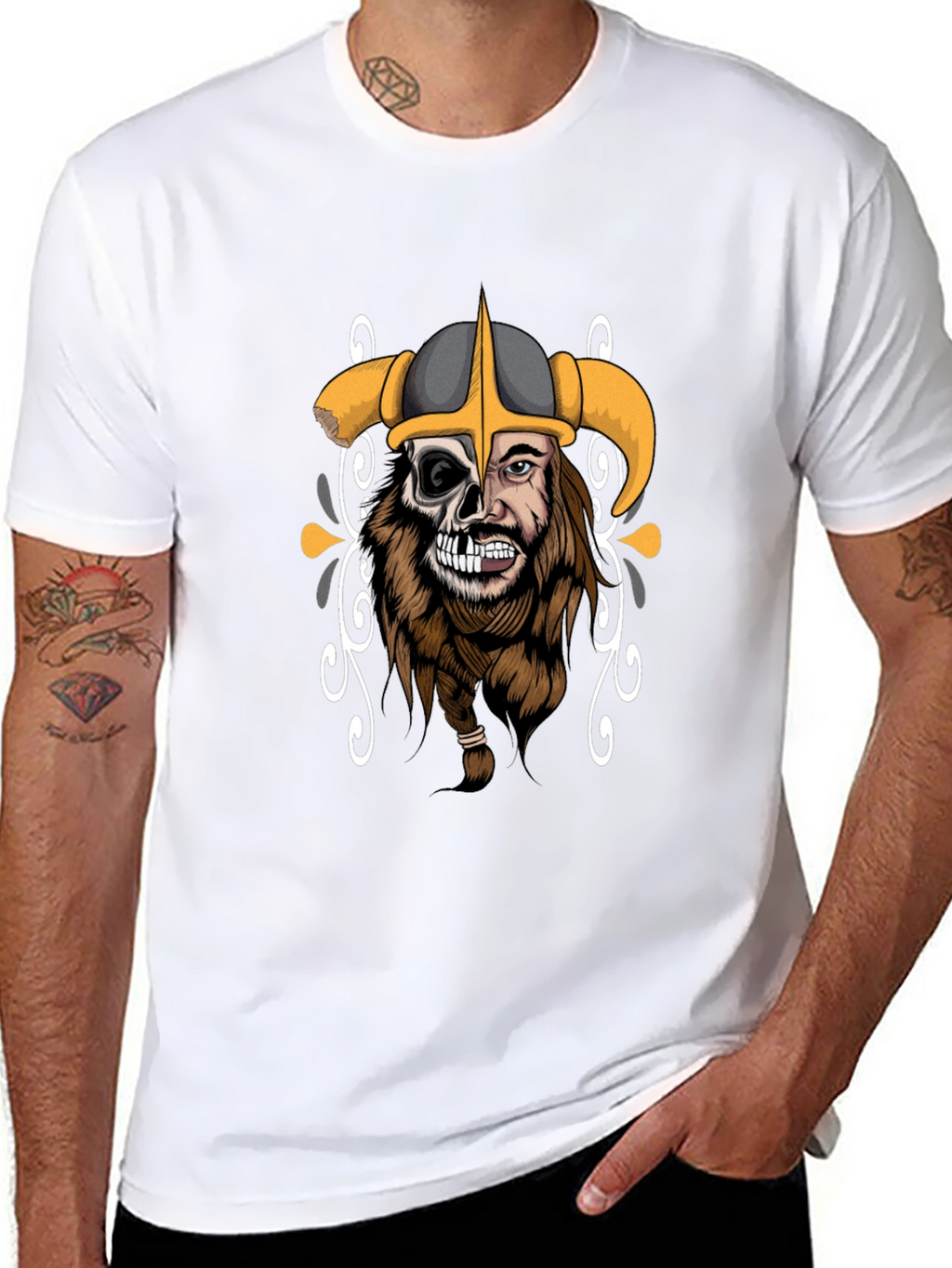 Viking Half-Skull Graphic Print Black T-Shirt