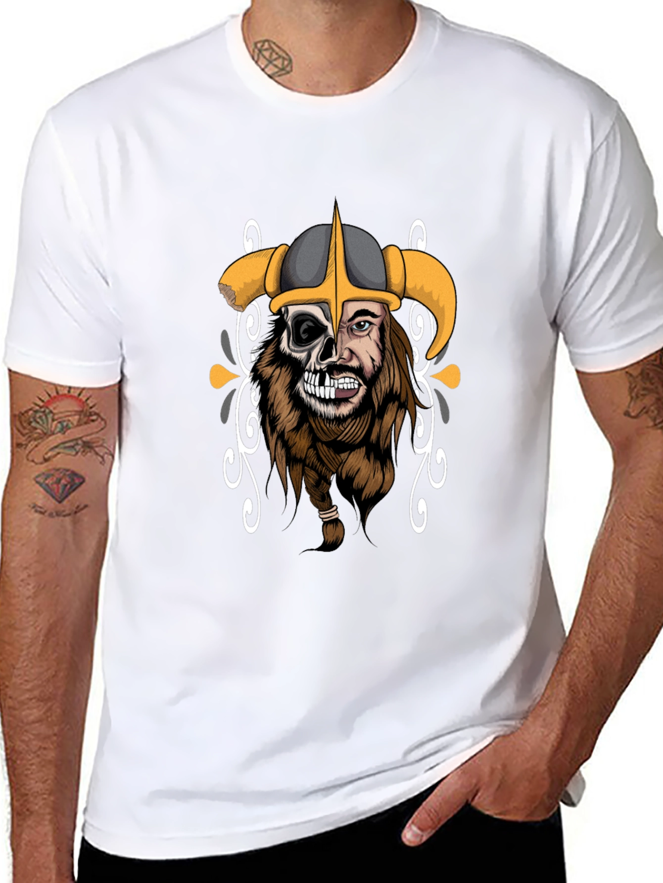 Viking Half-Skull Graphic Print Black T-Shirt