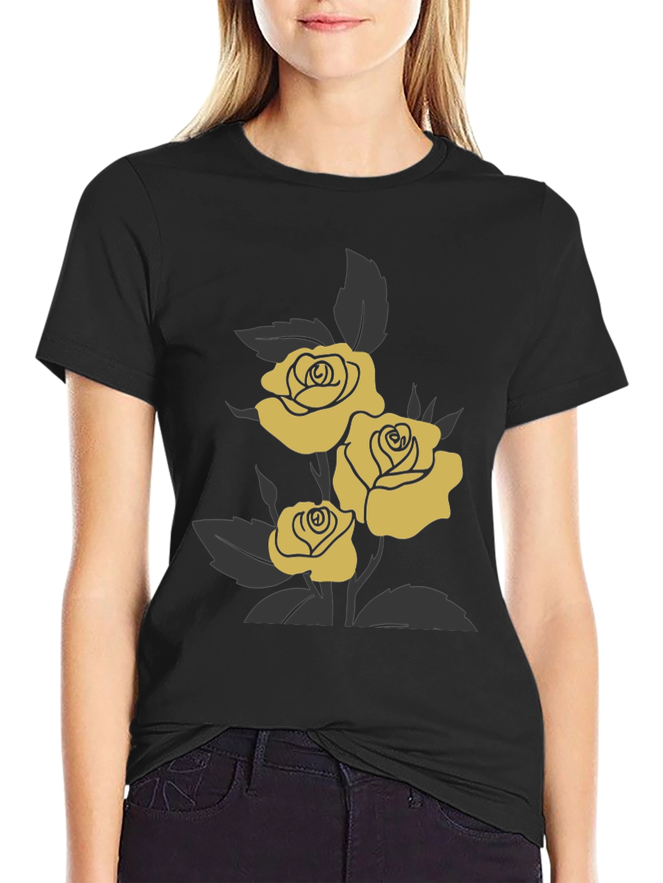 Elegant Rose Graphic Tee - Black