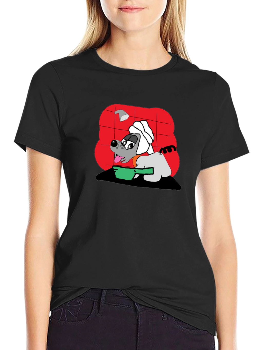 Funny Dog Taking Shower Black T-Shirt