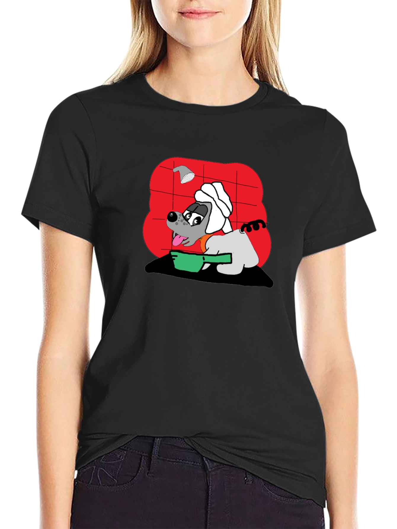 Funny Dog Taking Shower Black T-Shirt