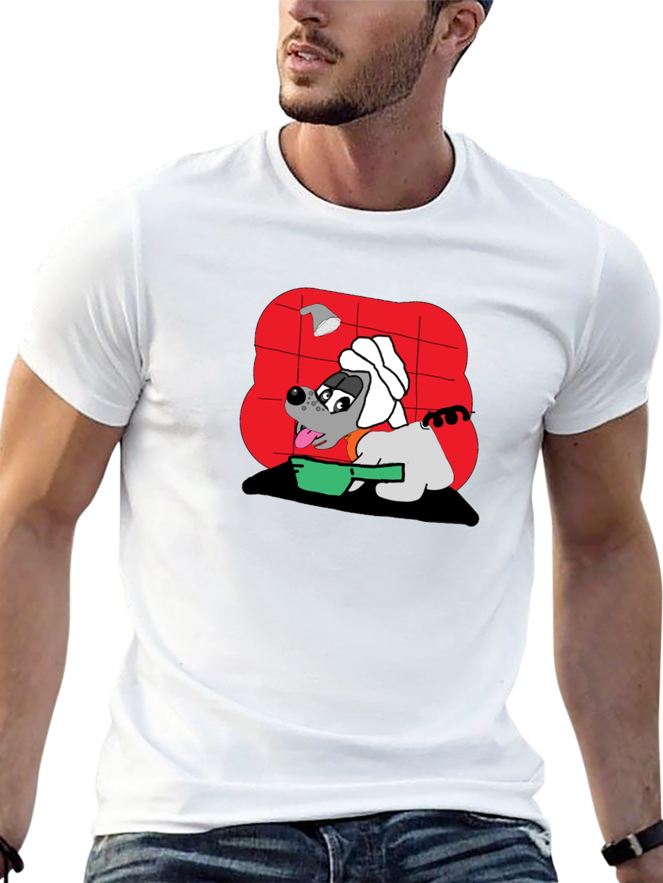 Funny Dog Taking Shower Black T-Shirt