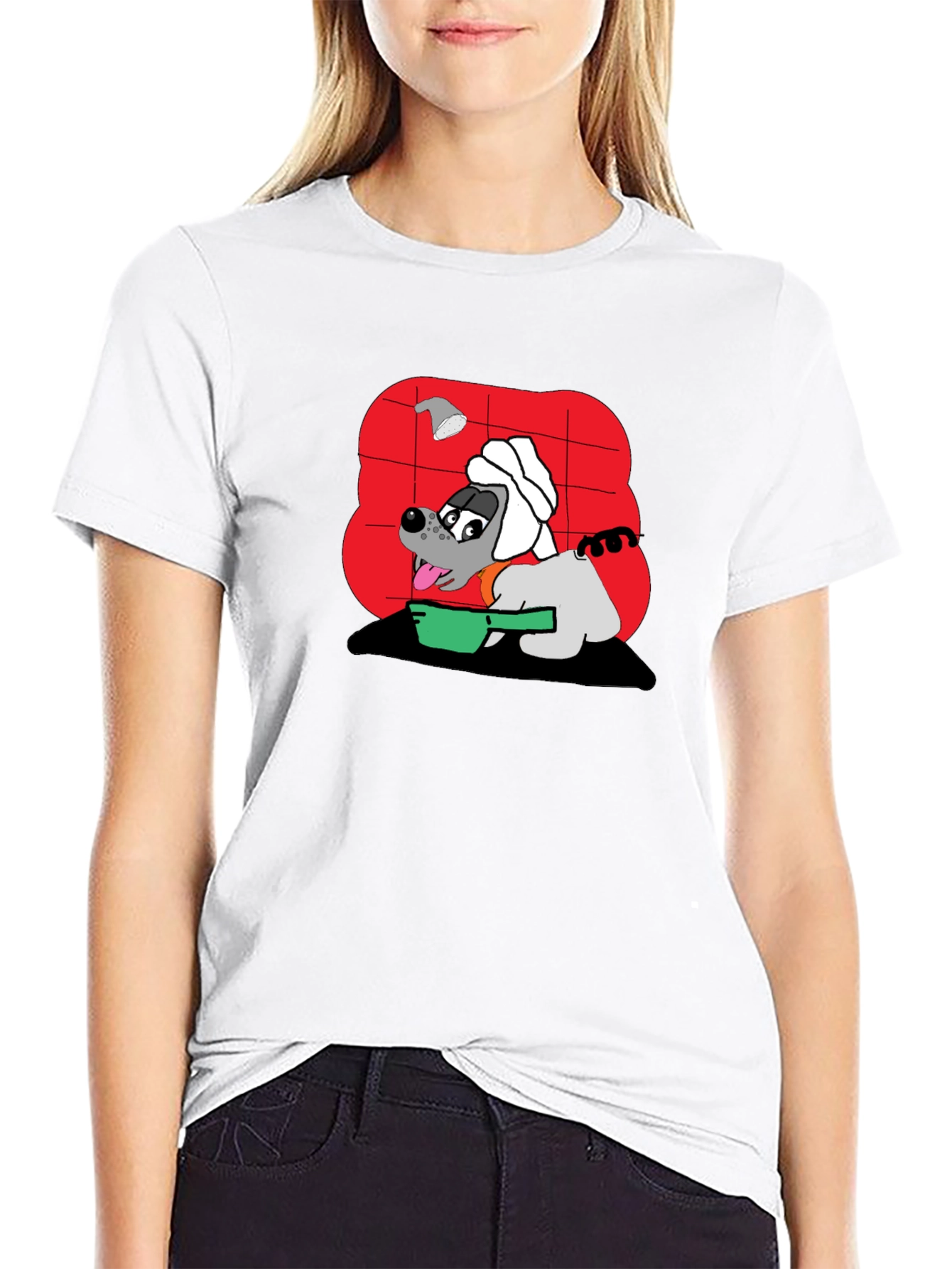 Funny Dog Taking Shower Black T-Shirt