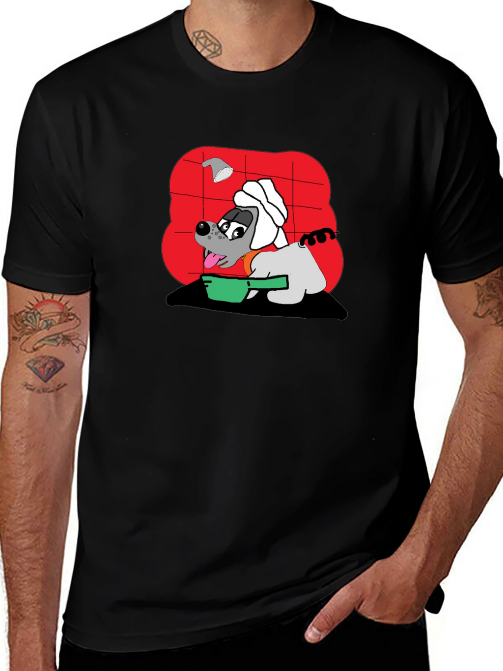 Funny Dog Taking Shower Black T-Shirt
