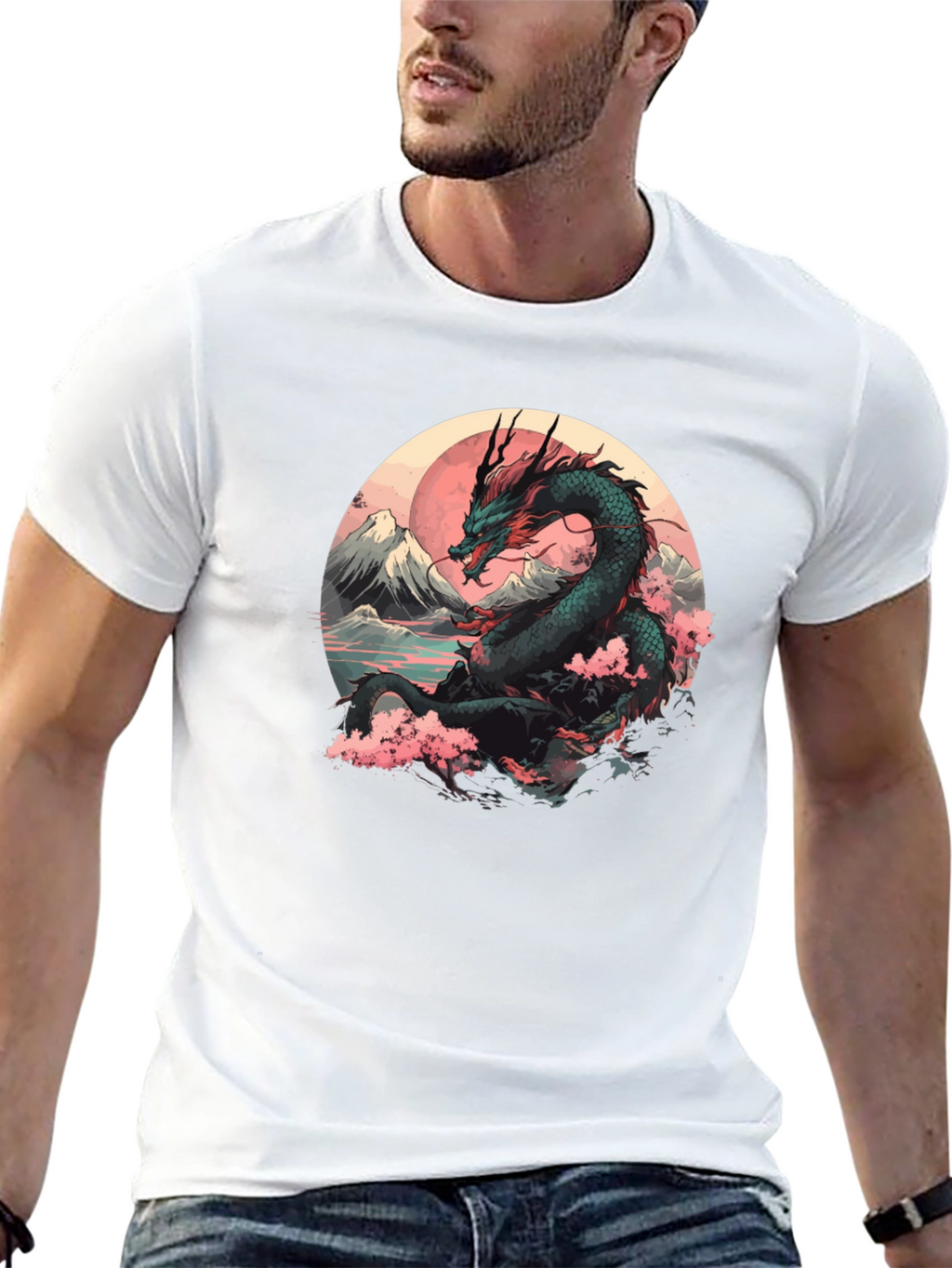 Dragon & Sakura Blossom Graphic Black T-Shirt