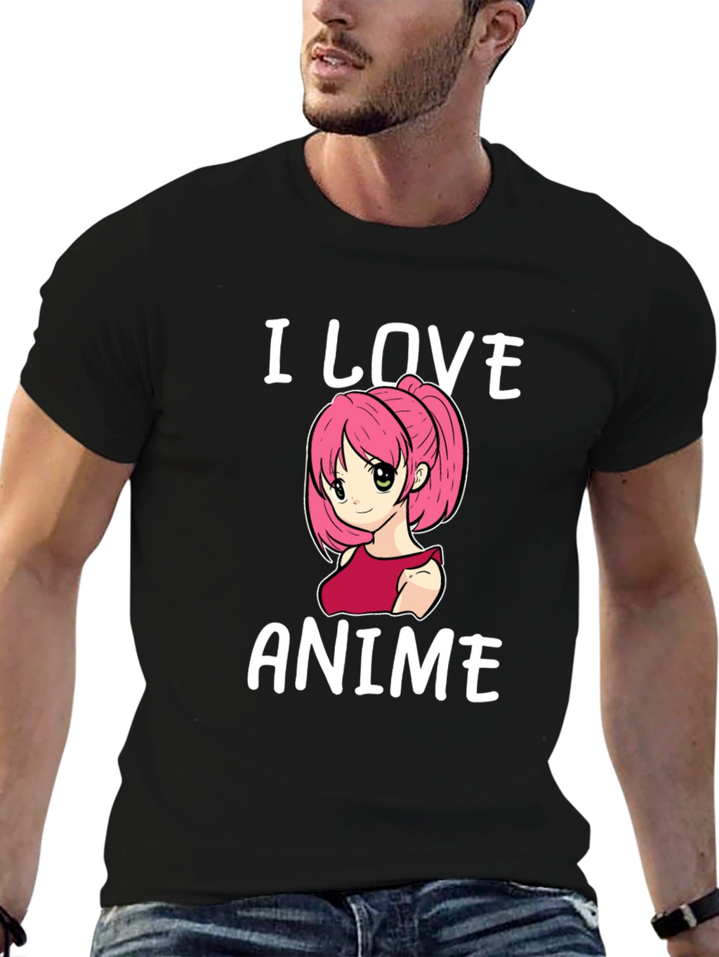 I Love Anime T-Shirt Black Cotton Short Sleeve