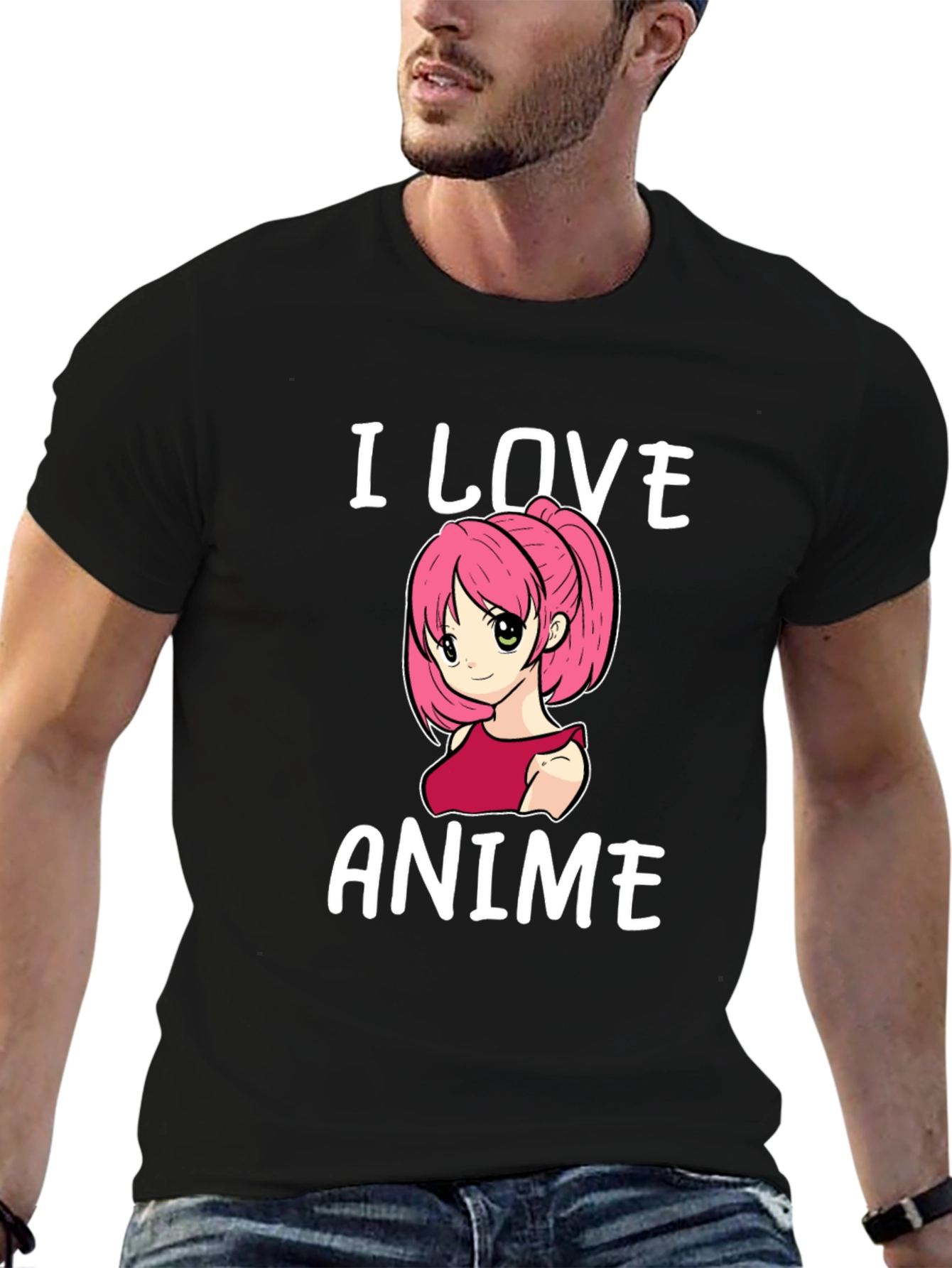 I Love Anime T-Shirt Black Cotton Short Sleeve