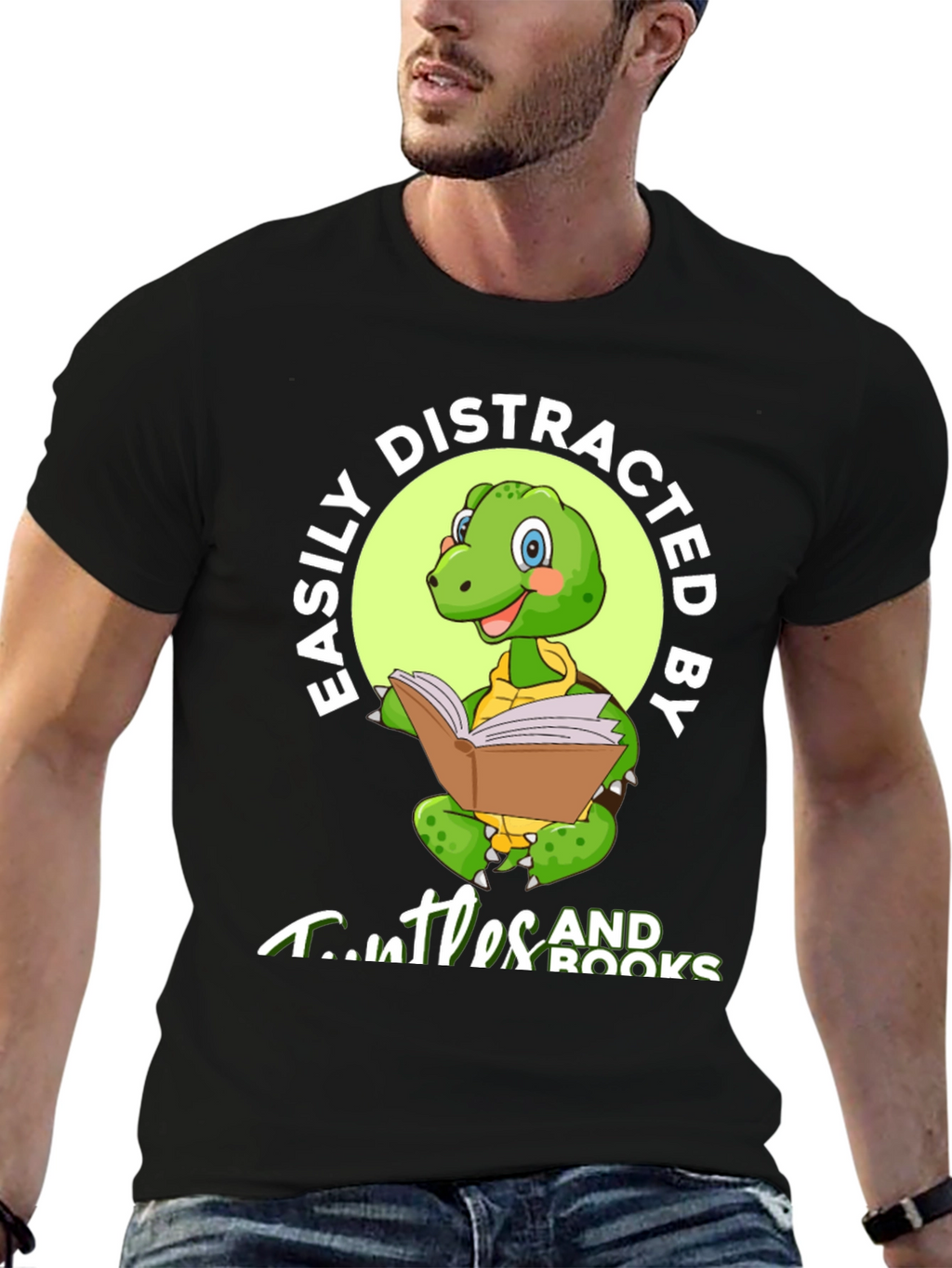 Easily Distracted by Turtles and Books Black T-Shirt