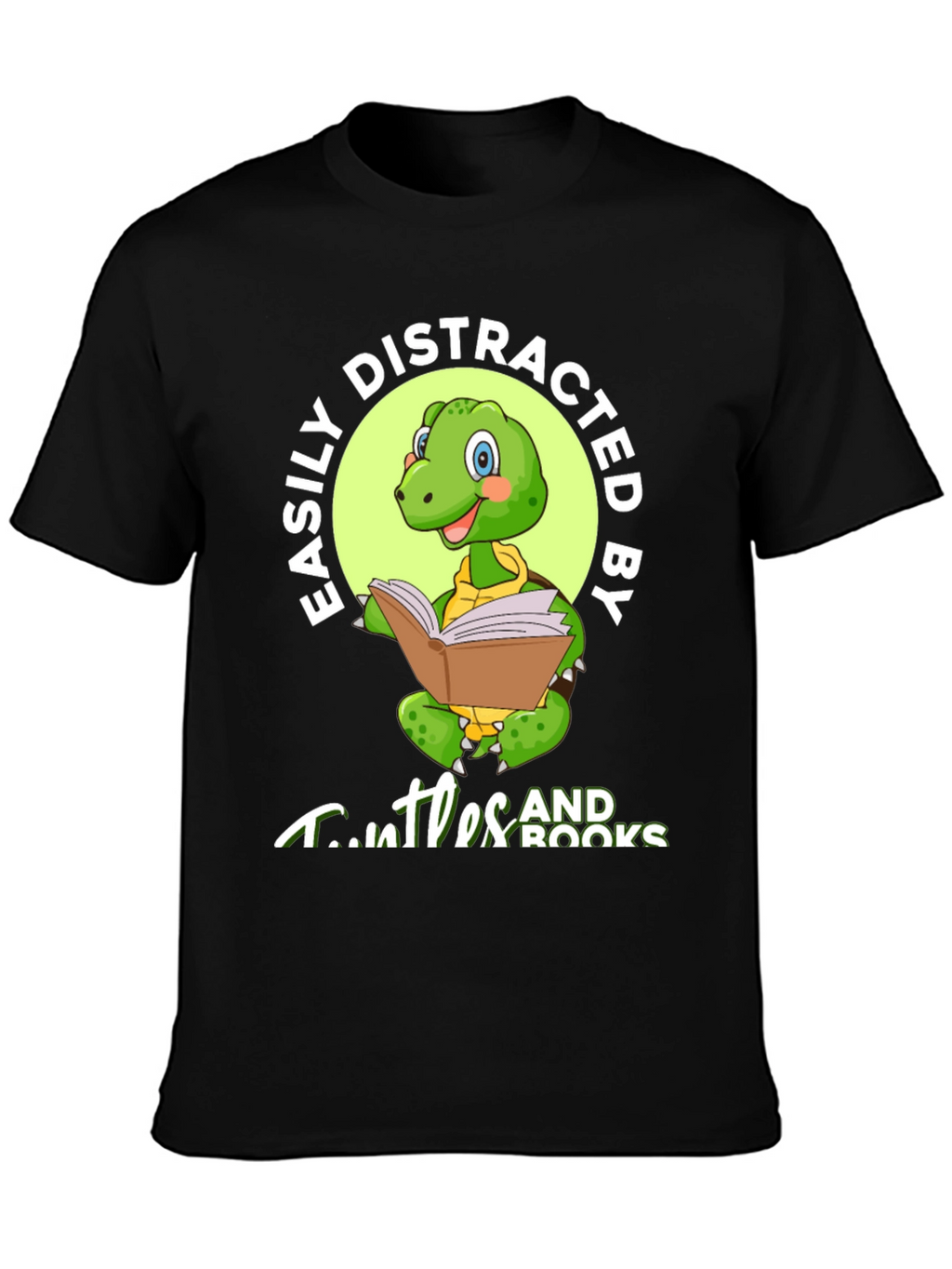 Easily Distracted by Turtles and Books Black T-Shirt