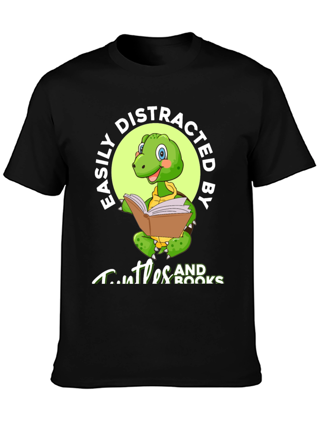 Easily Distracted by Turtles and Books Black T-Shirt