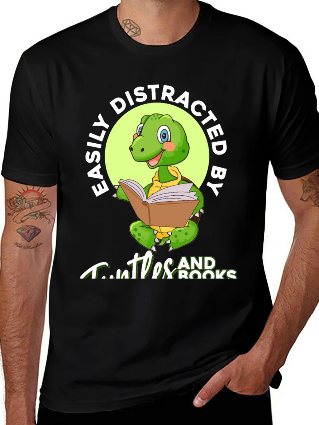 Easily Distracted by Turtles and Books Black T-Shirt