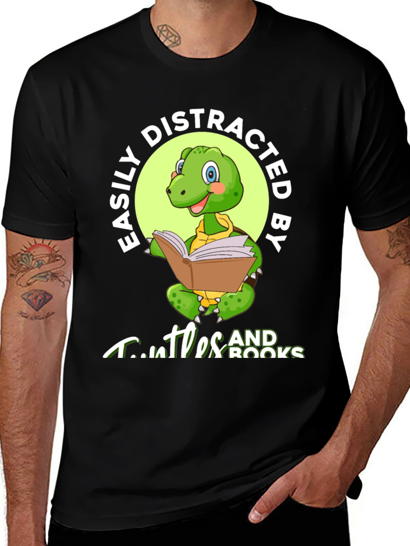 Easily Distracted by Turtles and Books Black T-Shirt