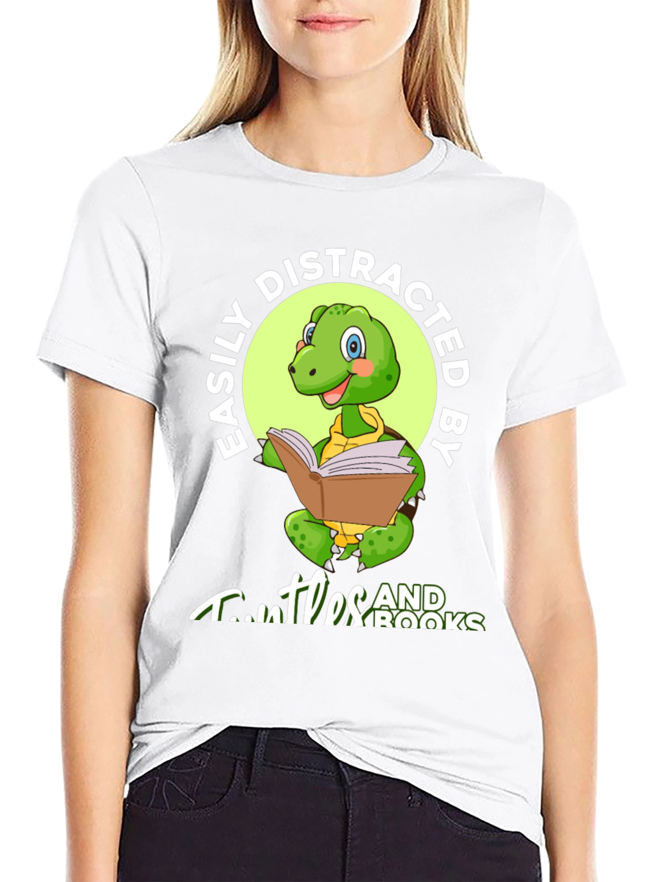 Easily Distracted by Turtles and Books Black T-Shirt