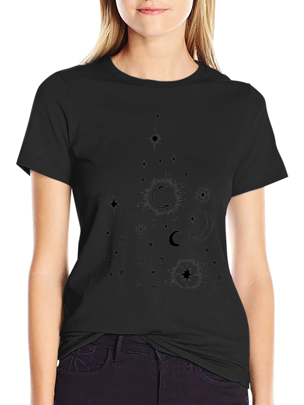 Celestial Moon & Star Graphic Tee - Black