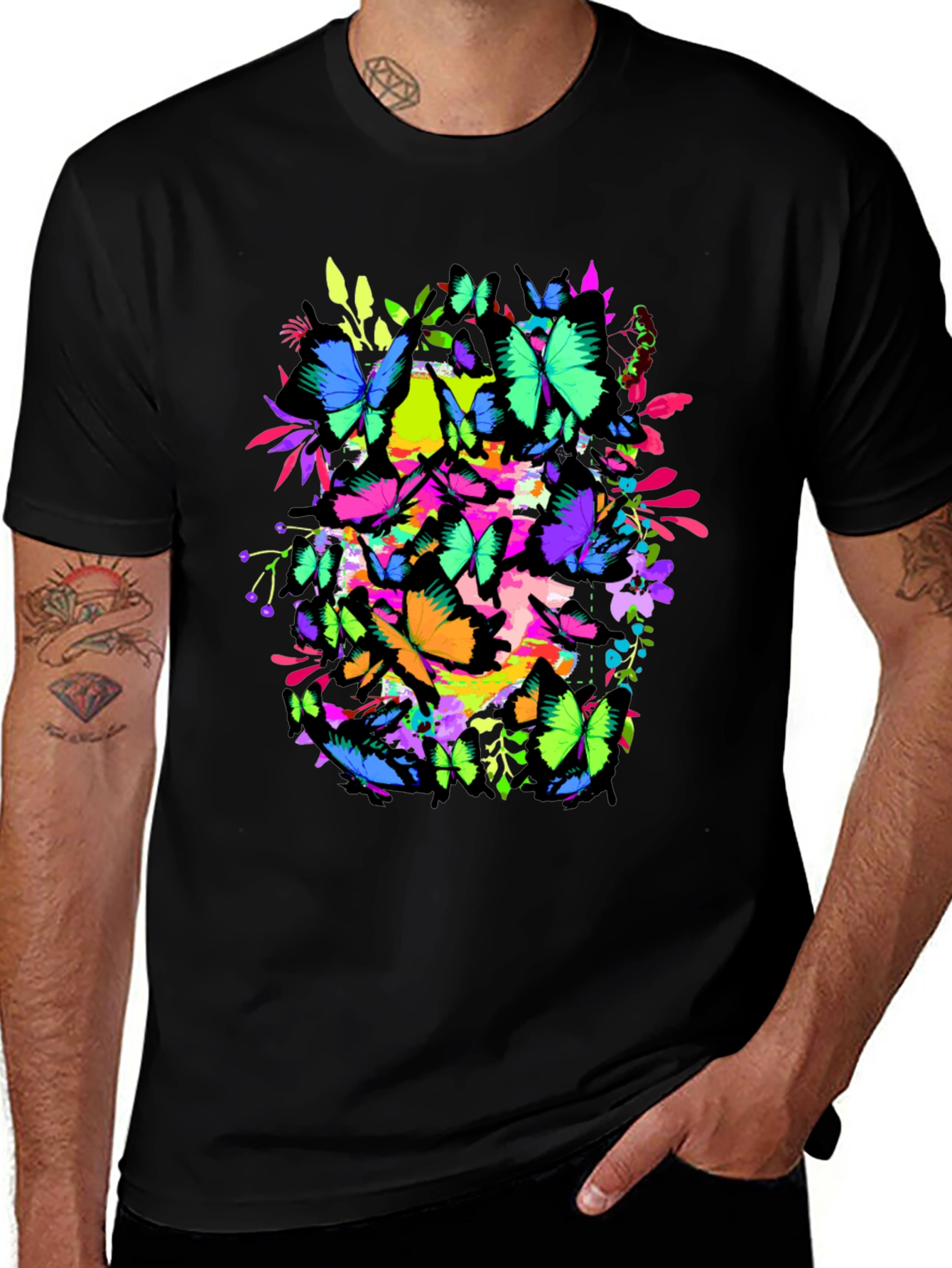 Butterfly Graphic Tee - Vivid Colors Black T-Shirt
