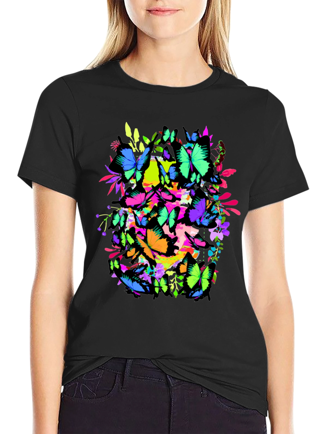 Butterfly Graphic Tee - Vivid Colors Black T-Shirt