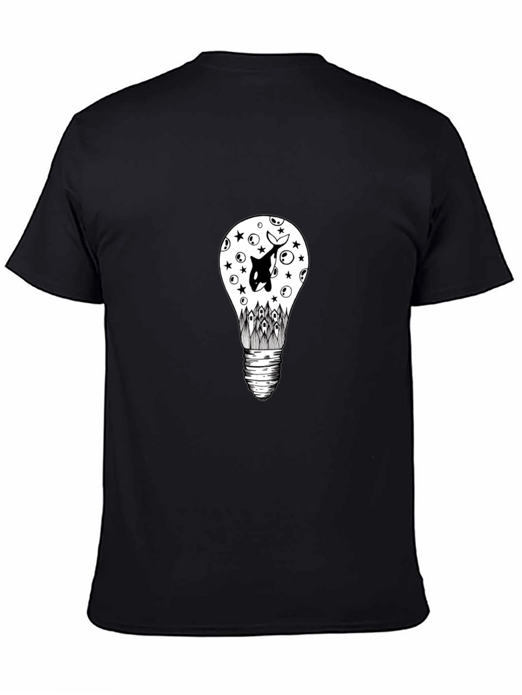 Black T-Shirt with Light Bulb & Orca Graphic