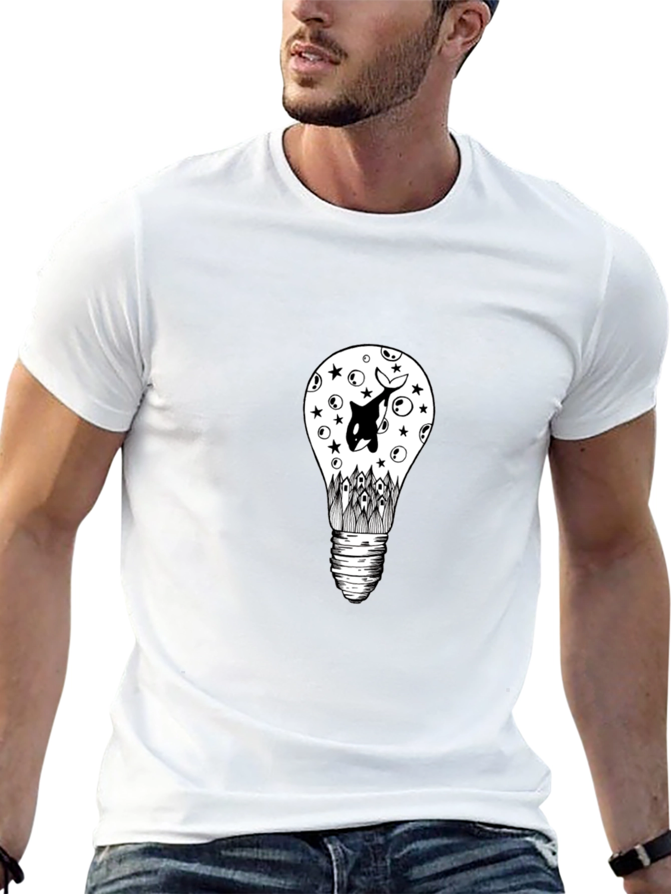Black T-Shirt with Light Bulb & Orca Graphic