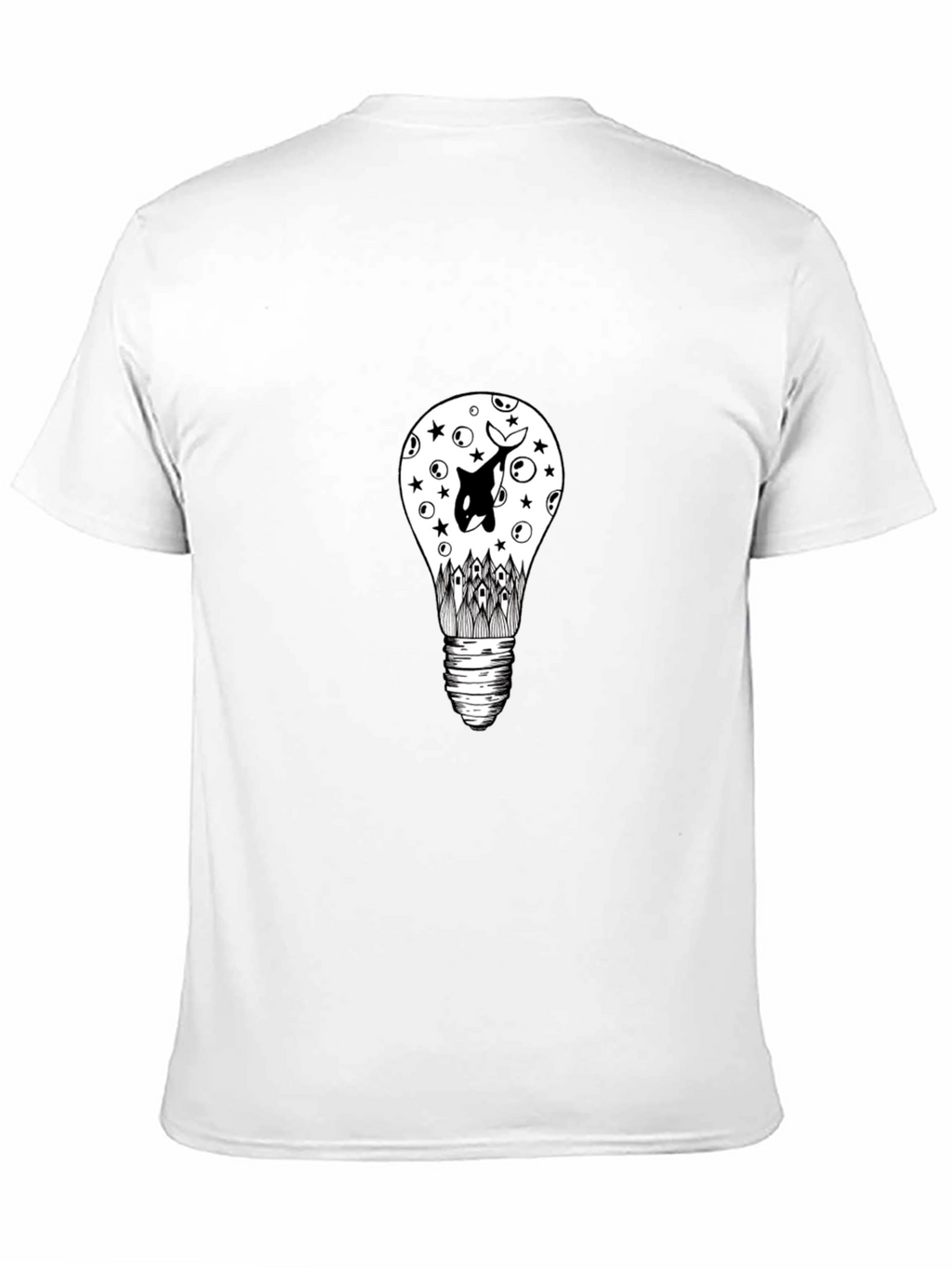 Black T-Shirt with Light Bulb & Orca Graphic