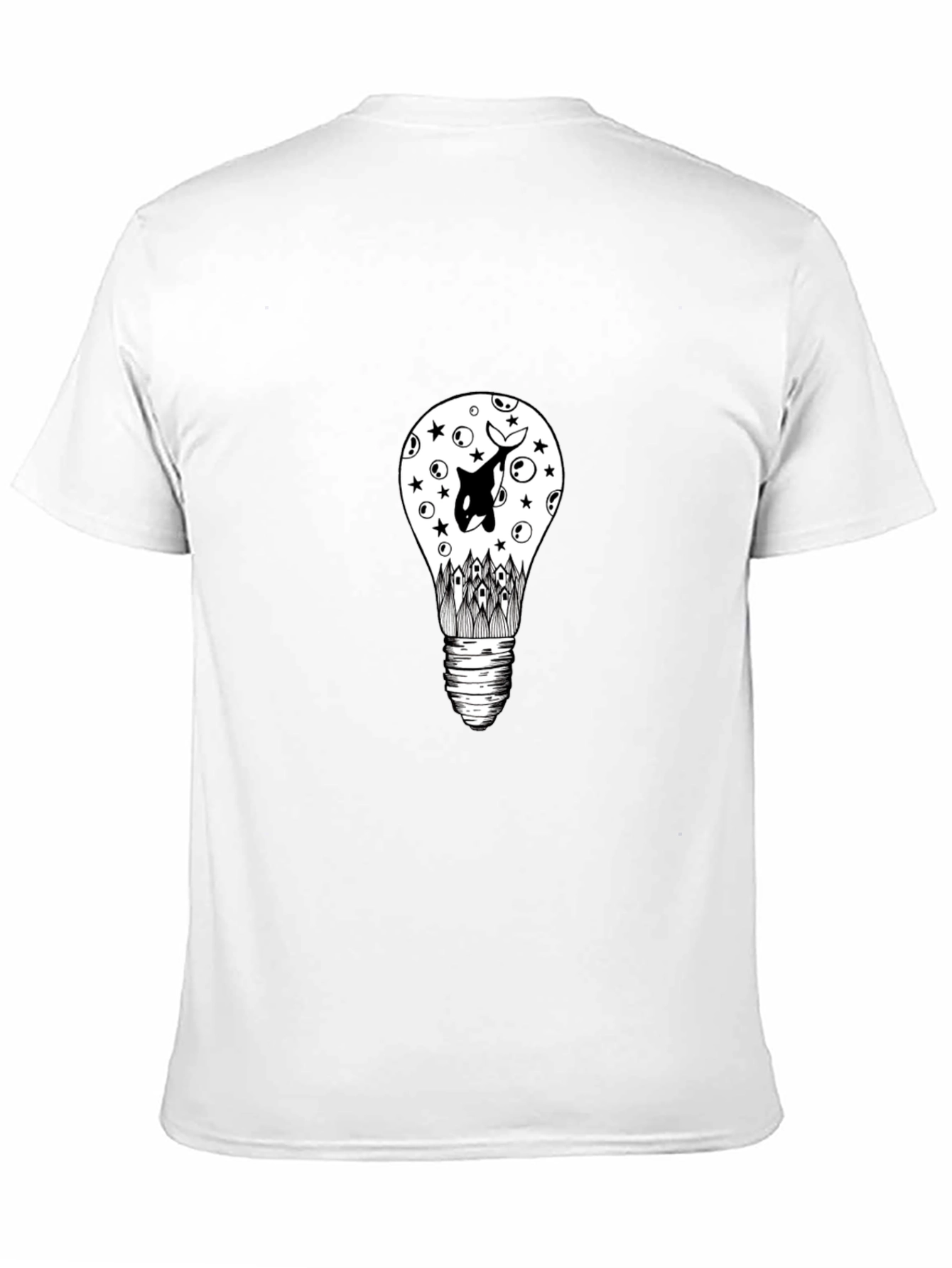 Black T-Shirt with Light Bulb & Orca Graphic