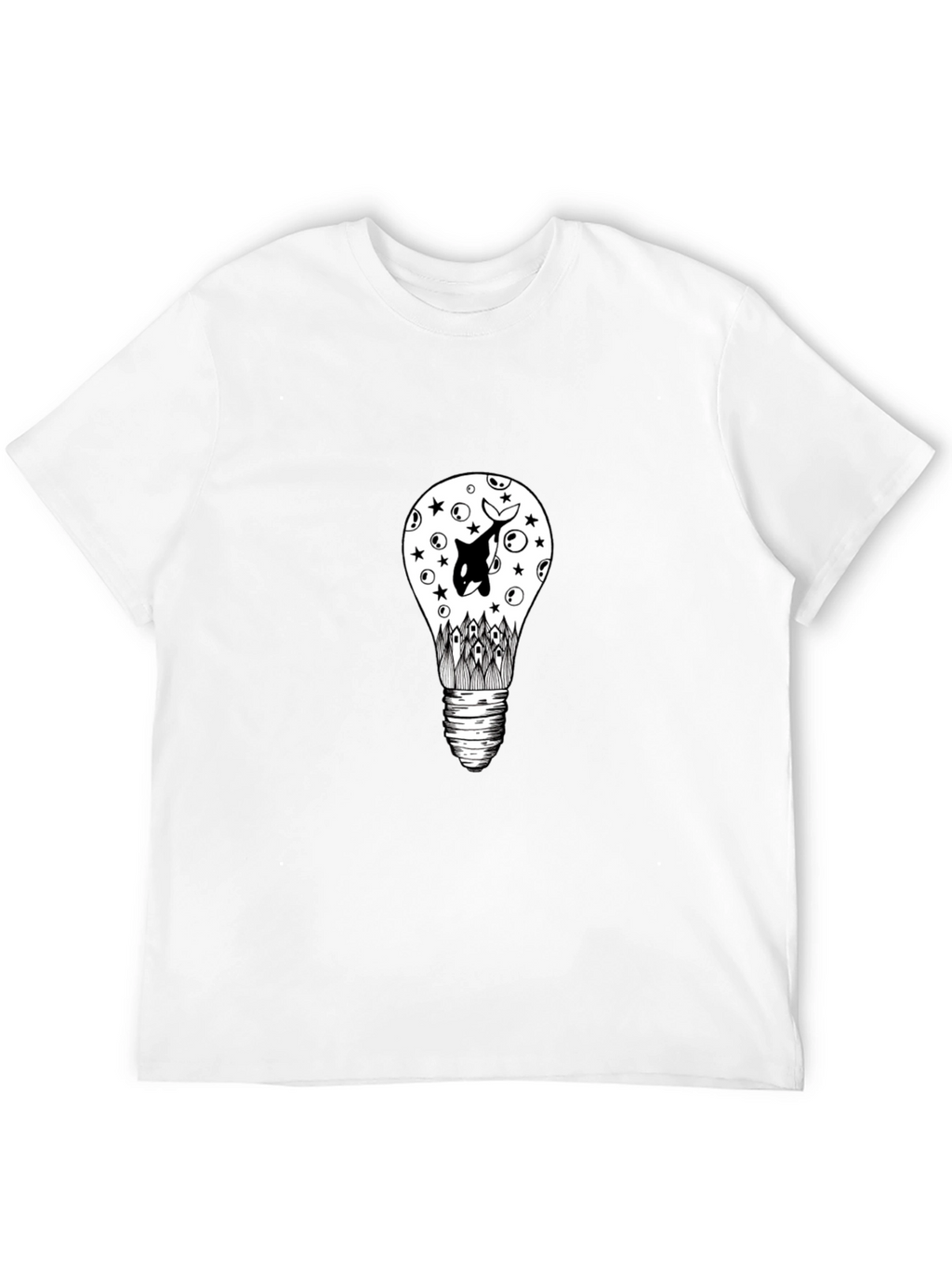 Black T-Shirt with Light Bulb & Orca Graphic