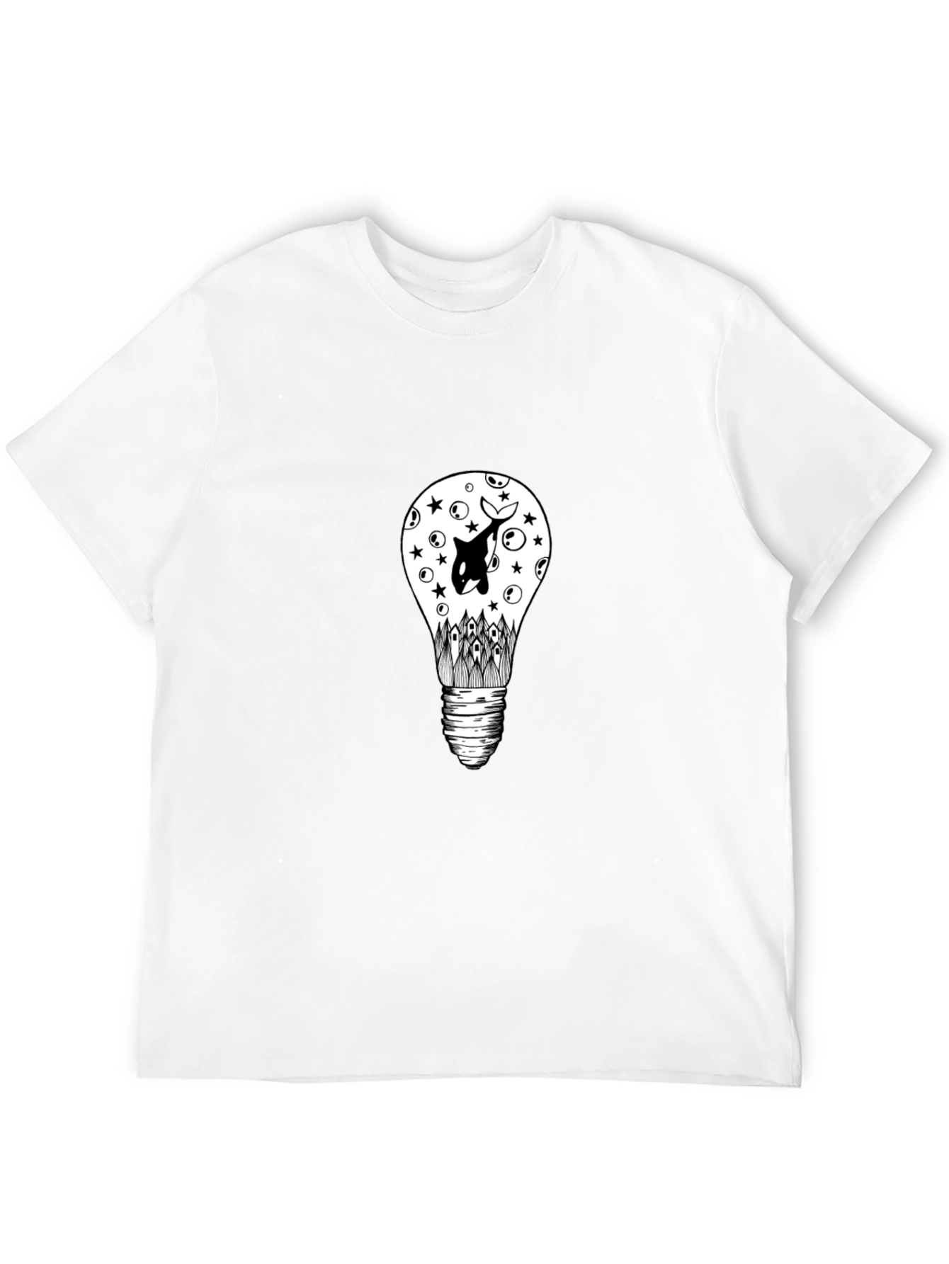 Black T-Shirt with Light Bulb & Orca Graphic