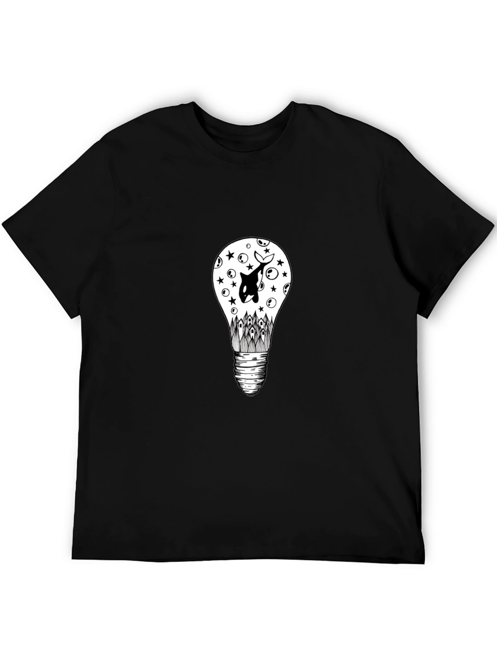 Black T-Shirt with Light Bulb & Orca Graphic