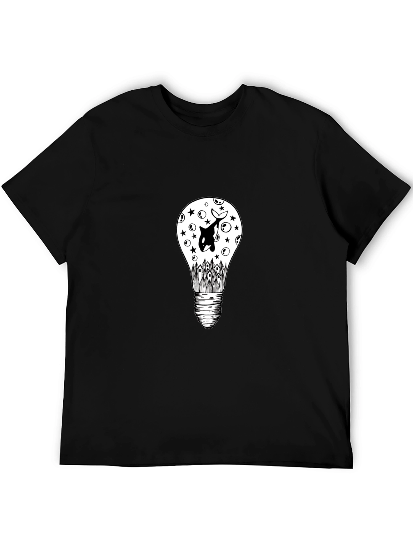 Black T-Shirt with Light Bulb & Orca Graphic