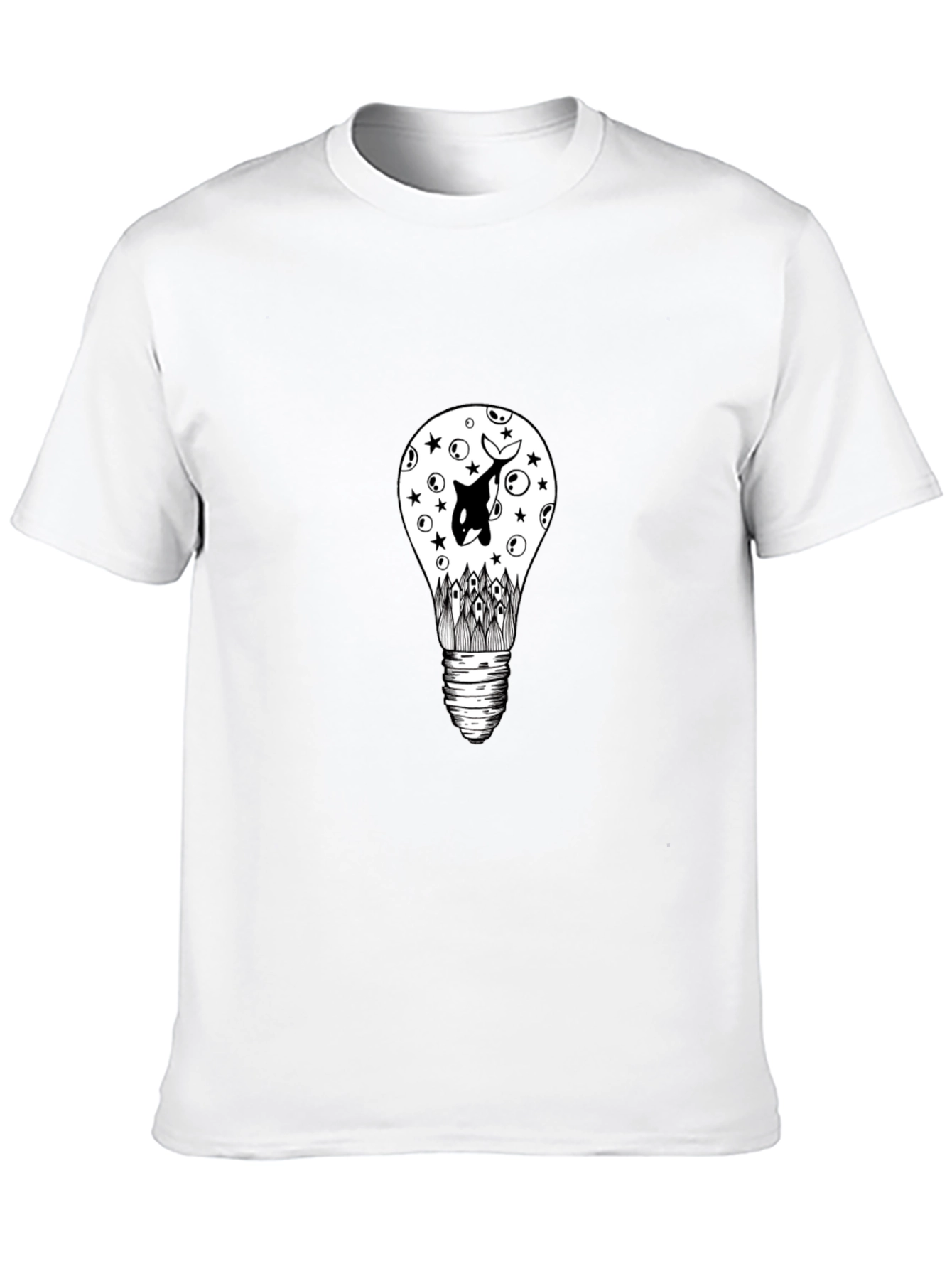 Black T-Shirt with Light Bulb & Orca Graphic