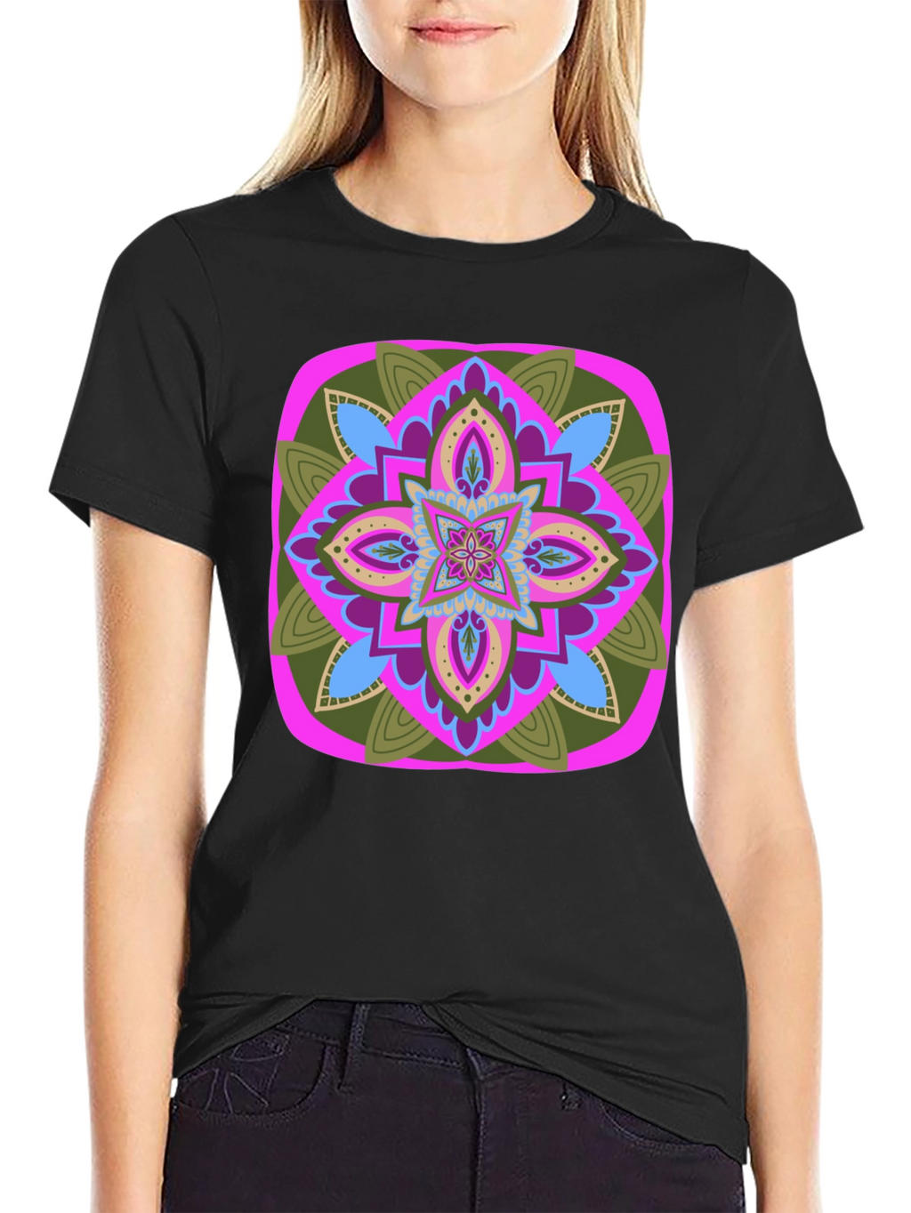 Geometric Mandala T-Shirt - Black Cotton Blend