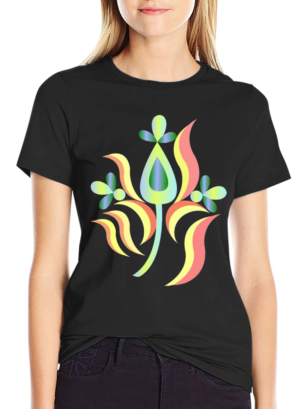 Abstract Floral Design Black T-Shirt