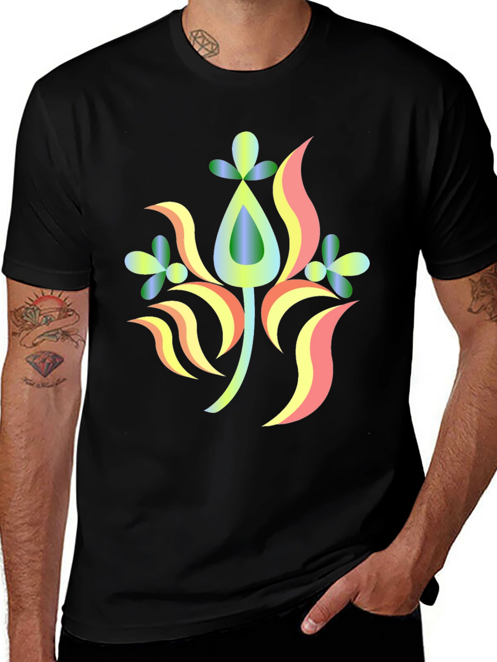 Abstract Floral Design Black T-Shirt