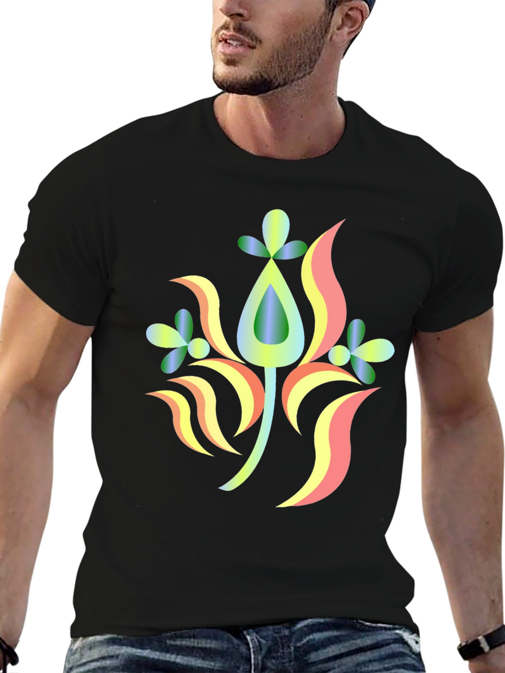 Abstract Floral Design Black T-Shirt