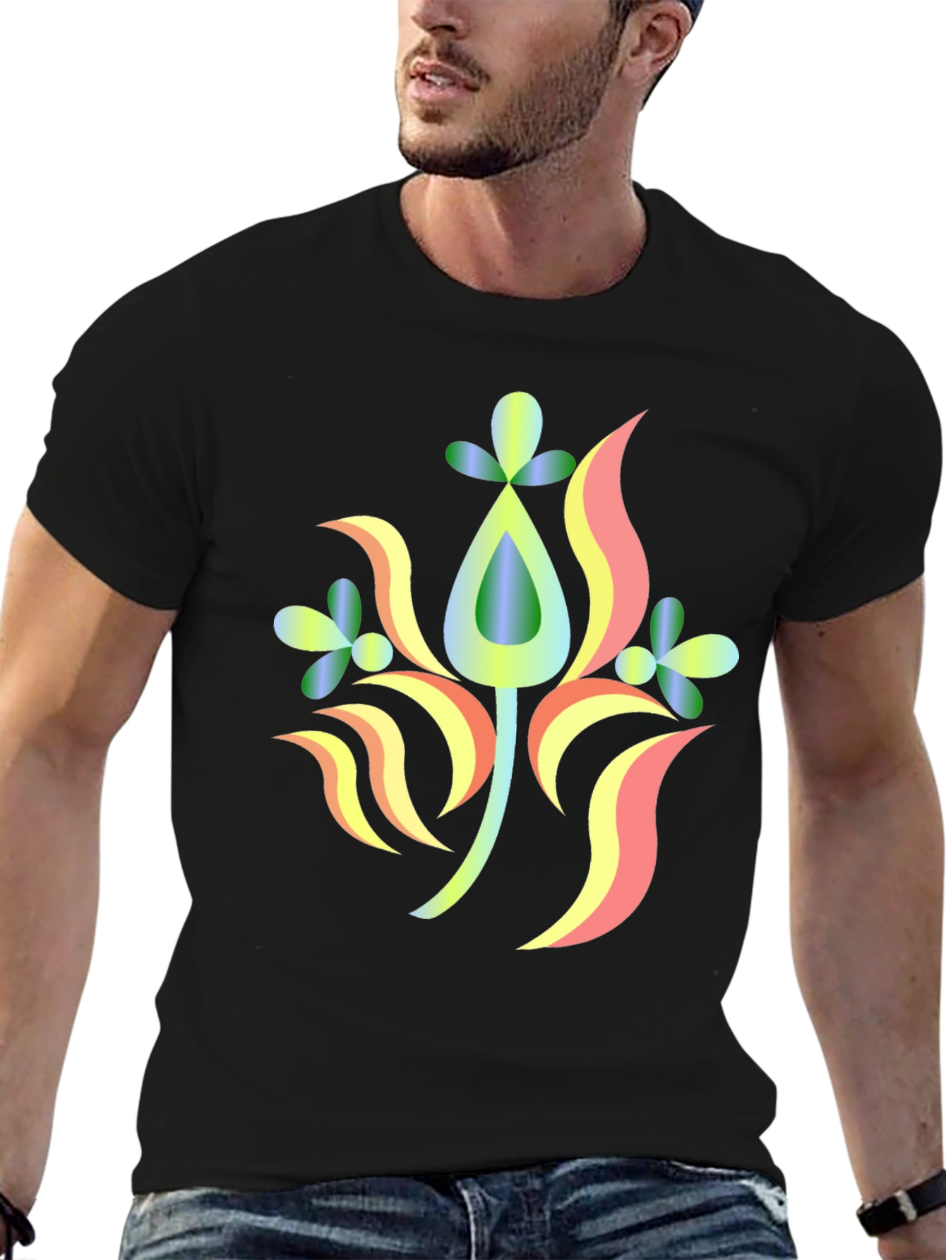 Abstract Floral Design Black T-Shirt