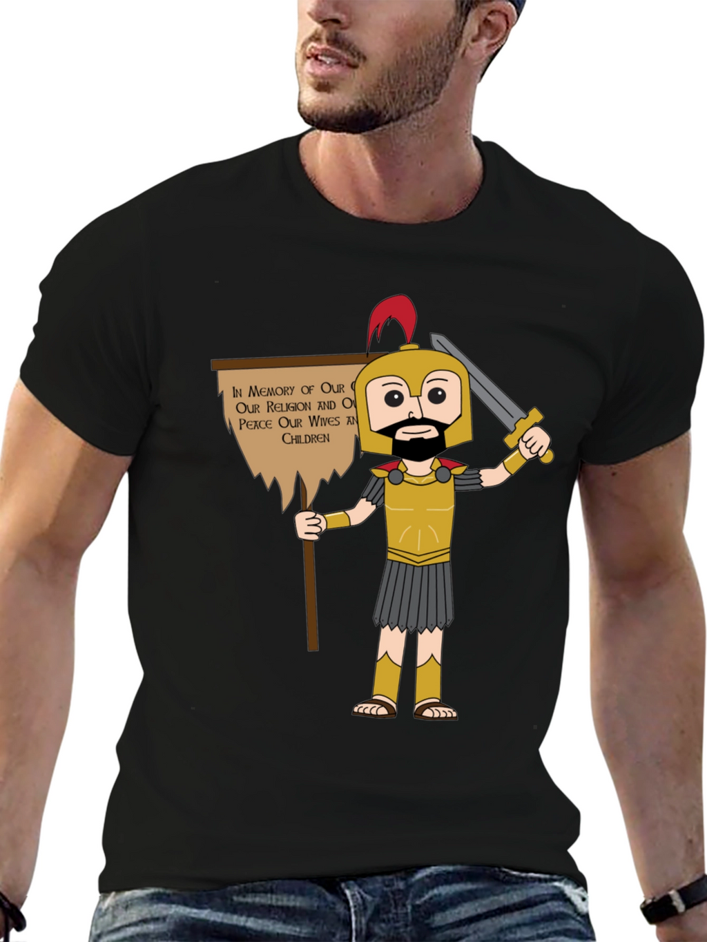 Spartan Cartoon Graphic T-Shirt - Honor & Peace