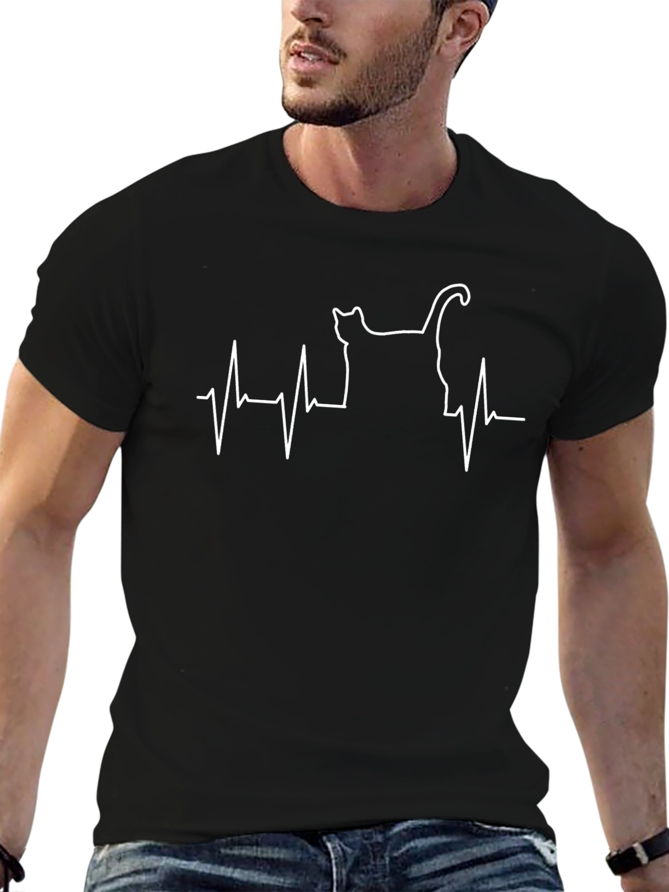 Cat Heartbeat T-Shirt - Black Graphic Tee
