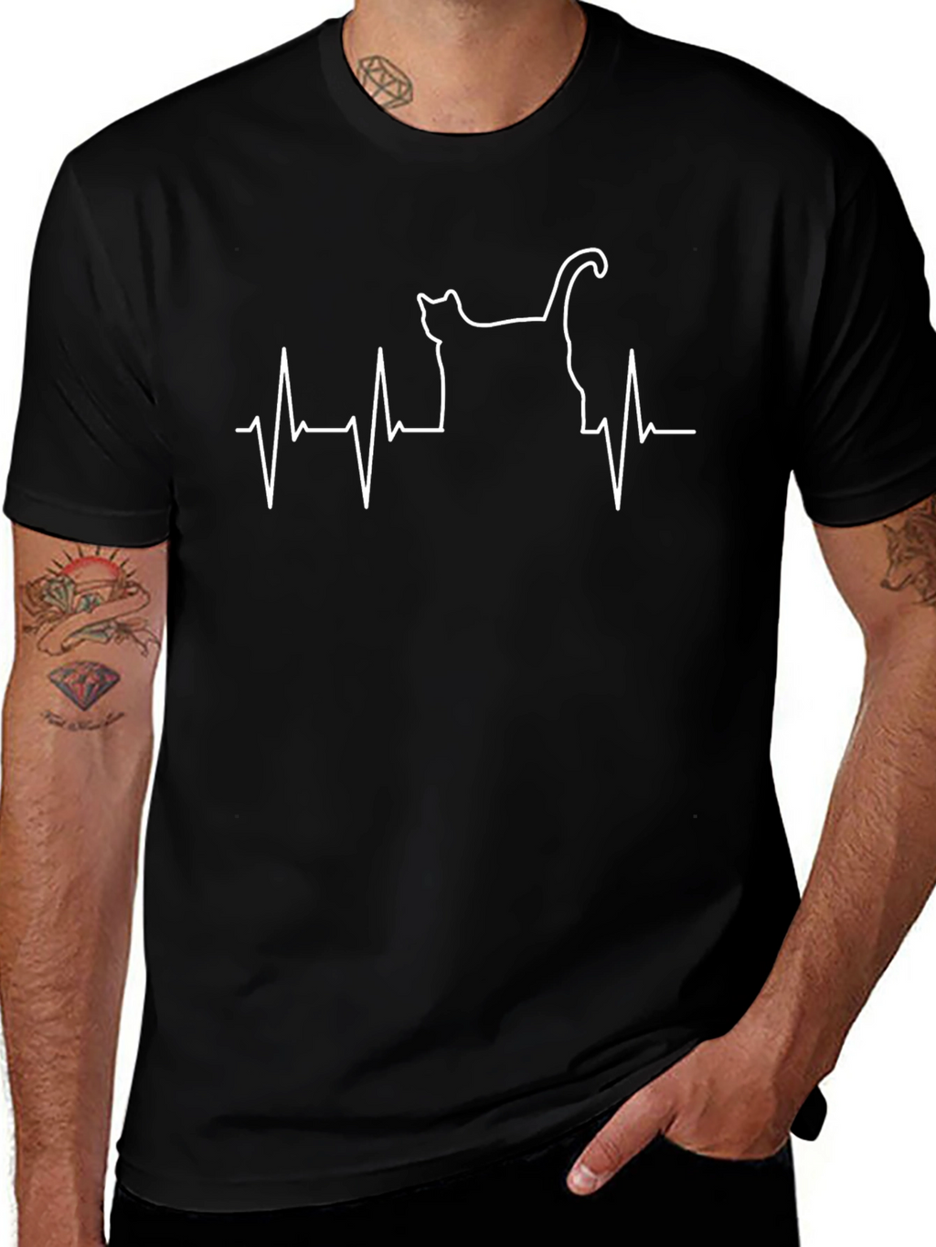 Cat Heartbeat T-Shirt - Black Graphic Tee