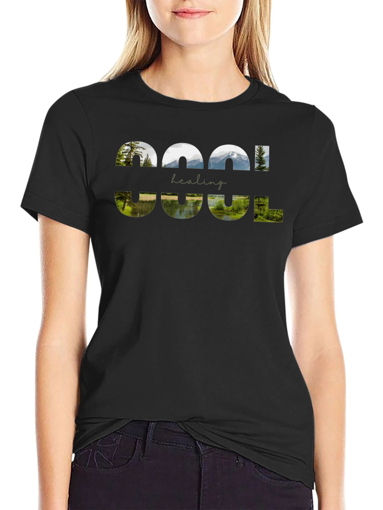 Cool Healing Nature Graphic Black T-Shirt