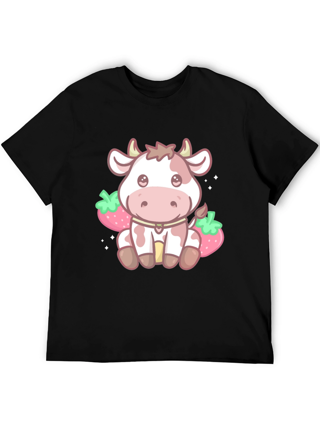 Kawaii Cow & Strawberry Graphic Tee - Black