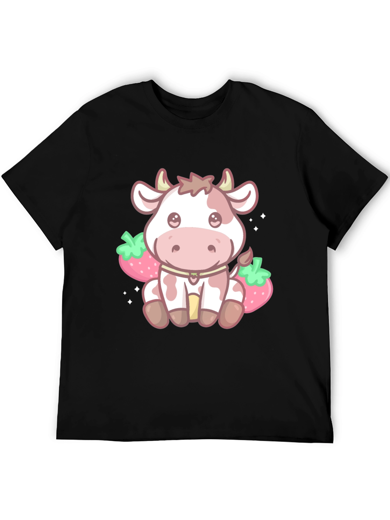 Kawaii Cow & Strawberry Graphic Tee - Black