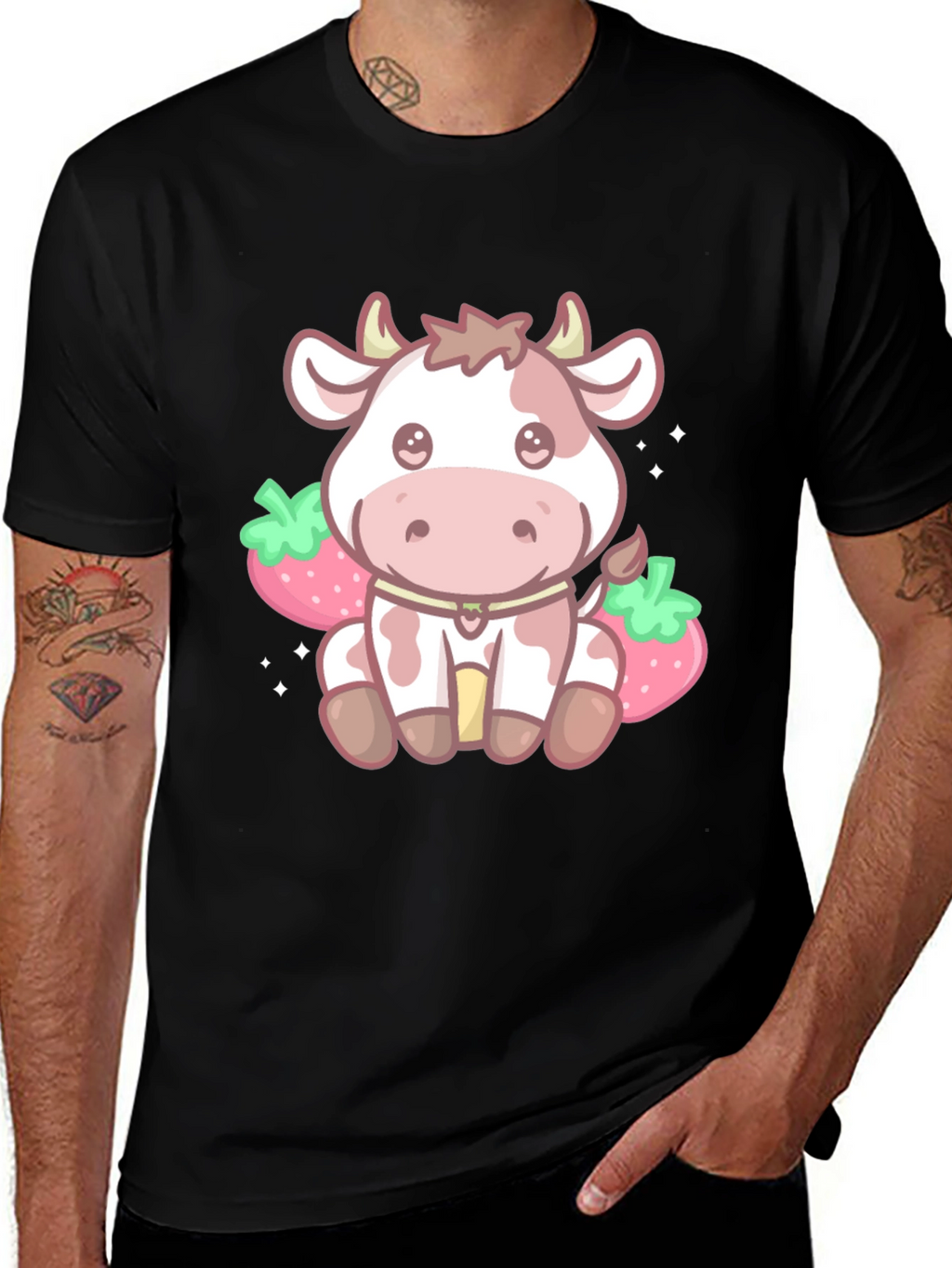 Kawaii Cow & Strawberry Graphic Tee - Black