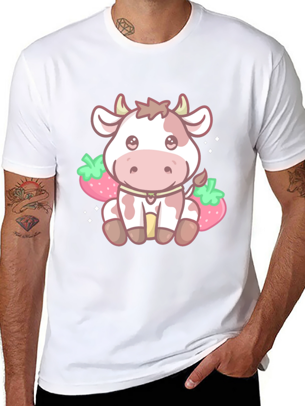 Kawaii Cow & Strawberry Graphic Tee - Black