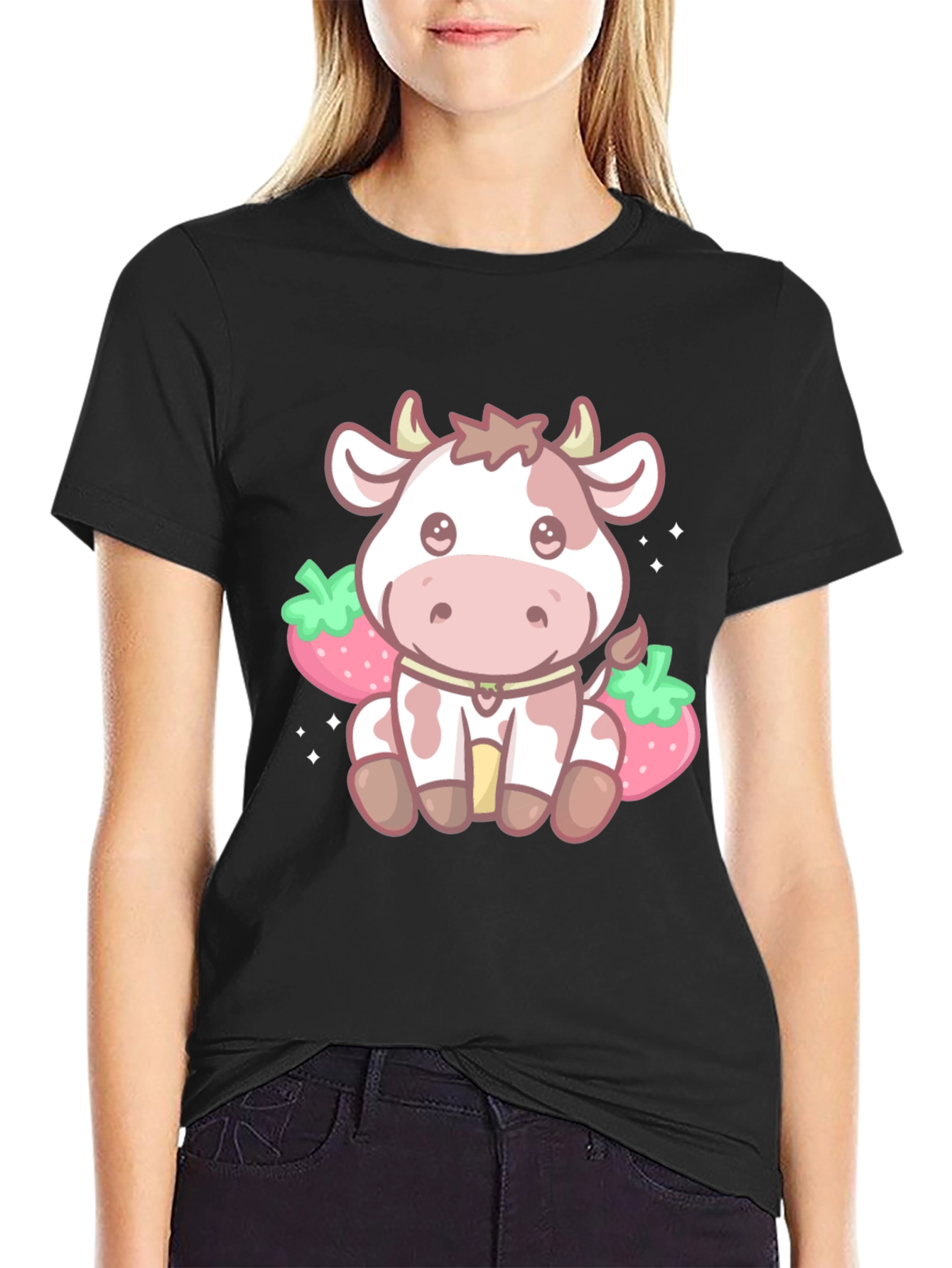 Kawaii Cow & Strawberry Graphic Tee - Black